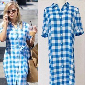 Draper James Gingham Crepe de Chine Maxi Dress Size 8 Blue & White MISSING BELT